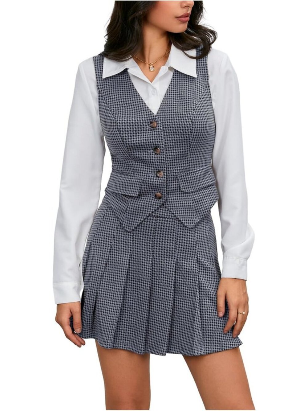 Chic 2-Piece Plaid Skirt Set | Sleeveless Blazer & Mini Skirt | Business Casual